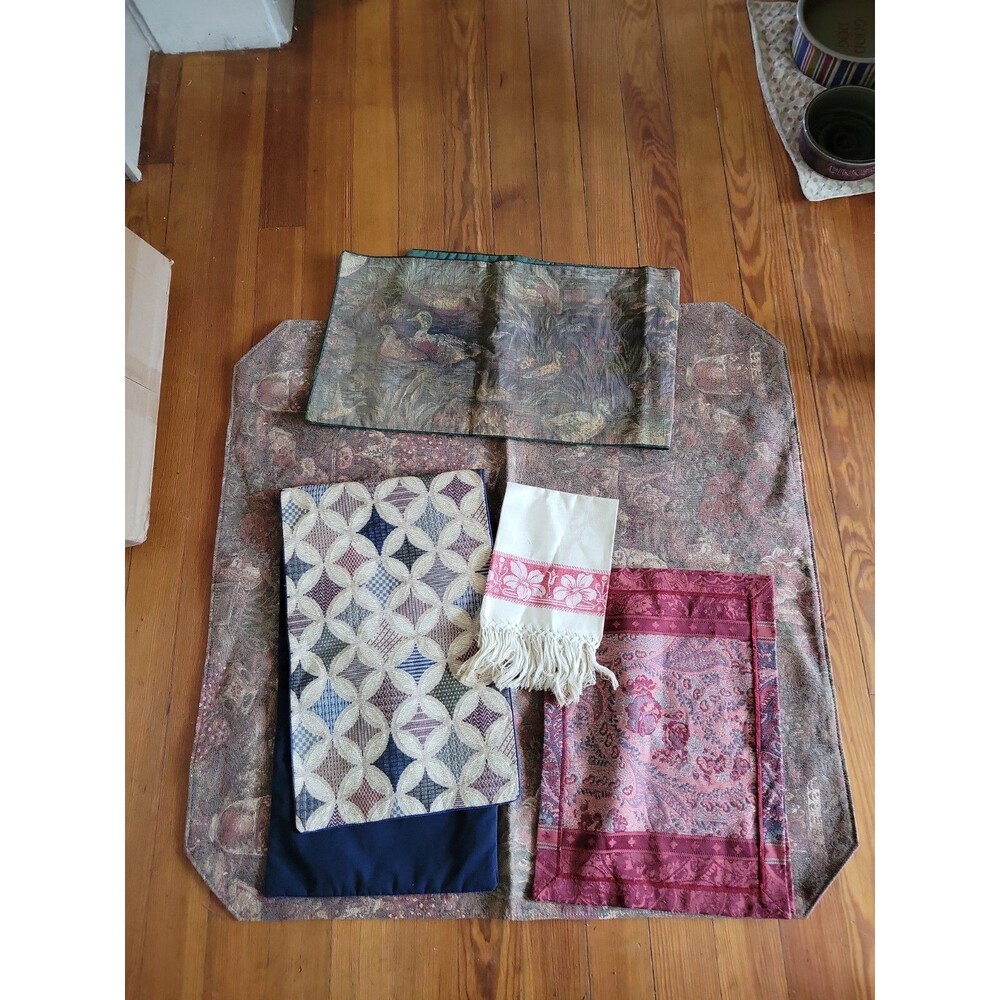 Lot Of Vintage Tapestry Kitchen Dining Decor Items - 6 - Table runner, towel etc